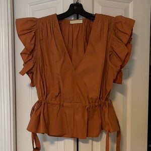 Ulla Johnson Iyla Ruffled V-Neck Blouse in Burnt Orange
